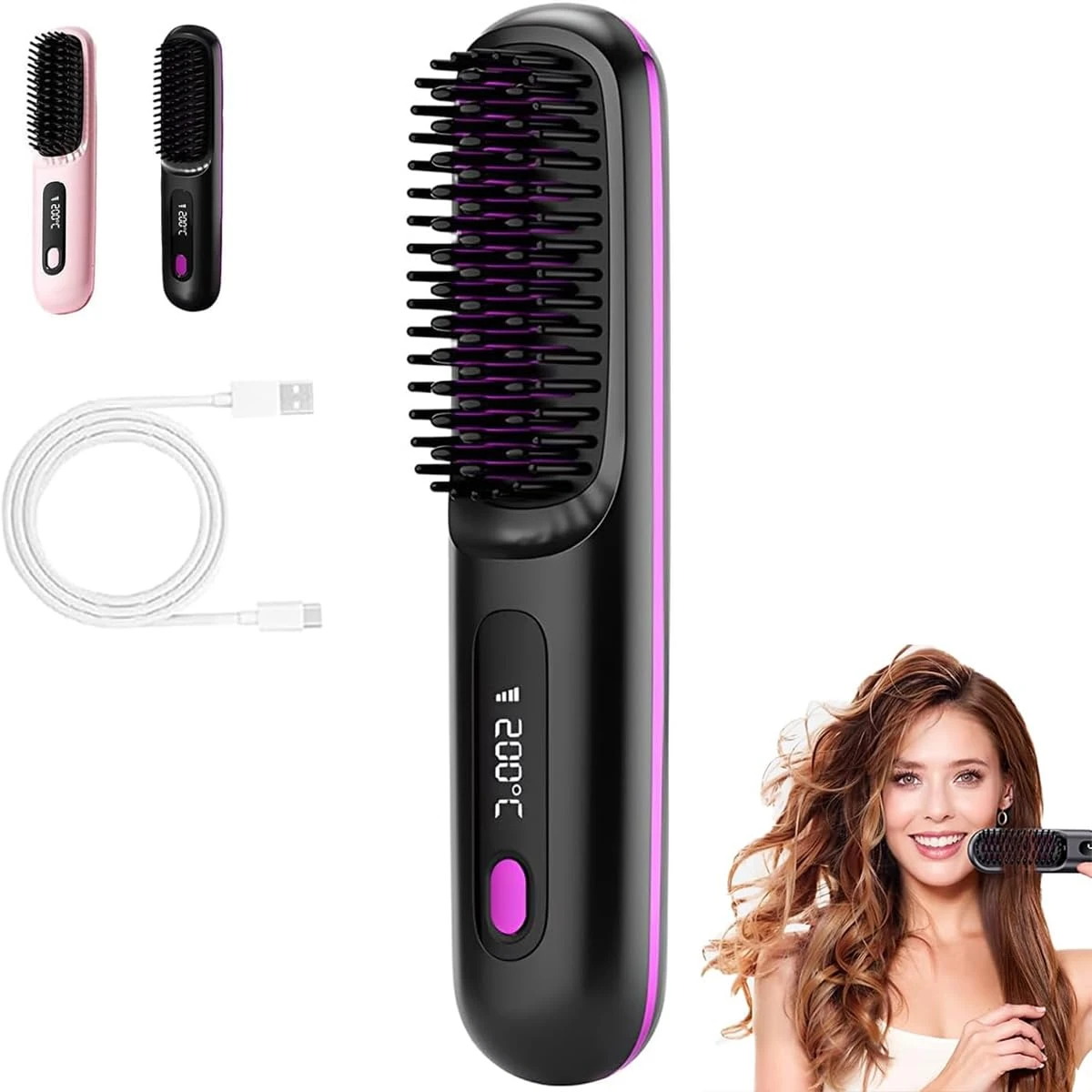 Glow Wave Heated Brush, 2025 Glow Wave Heated Brush for Short Hair, USB Charging, 3 Heat Settings & LED Screen for Travel and Frizz-Free Styling (Black)