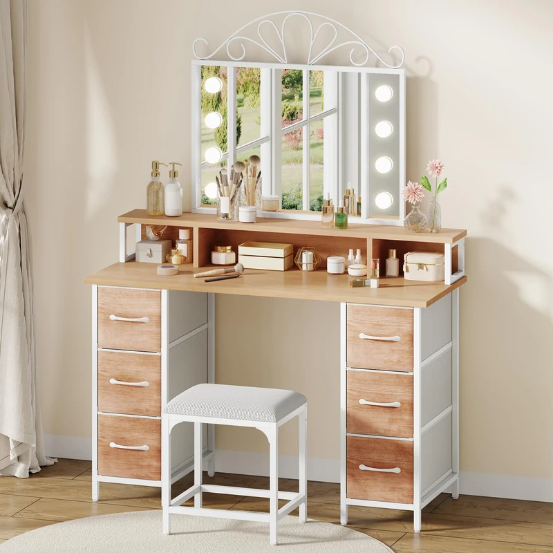 YITAHOME Dressing Table with Mirror & LED Light Bulbs,Makeup Vanity Deskwith 6 Fabric Drawers, 3 Open Compartments, Hair Dryer Rack, and Stool for Bedroom, White & Wood Color, 106 x 40 x 141 cm