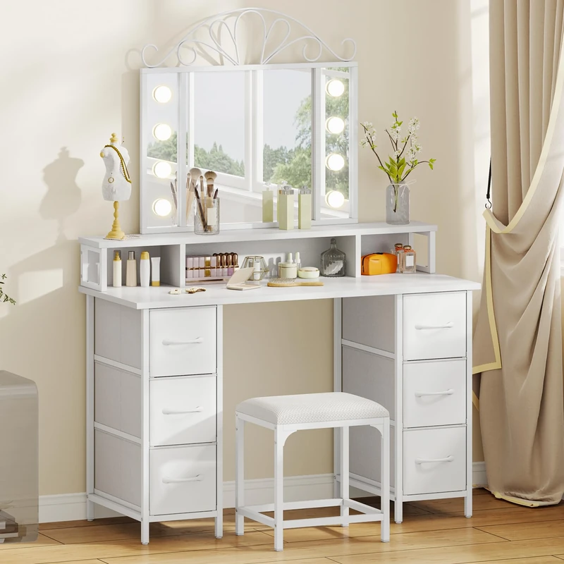 YITAHOME Dressing Table with Mirror & LED Light Bulbs,Makeup Vanity Deskwith 6 Fabric Drawers, 3 Open Compartments, Hair Dryer Rack, and Stool for Bedroom, White, 106 x 40 x 141 cm