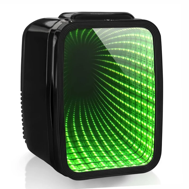 Crystals 4/10/15L Litre Mini Fridge, Table Top Small Fridge Cooler & Warmer for Car Bedrooms Desk Office, 12V DC - 220 AC, Mini Fridge for Bedrooms (RGB Infinity - BLACK, 4L Lights)