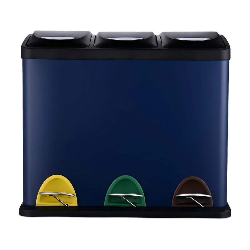 Relaxdays Waste Bin with 3 Compartments, Foot Pedal, Inner Bins, 24L, Iron Blue, 39.5 x 46 x 26.5 cm