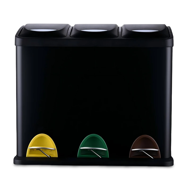 Relaxdays 3-Bin Pedal Bin with Removable Bins, Kitchen Waste Sorter, 24L, 39.5 x 46 x 26.5 cm, Black - Image 1