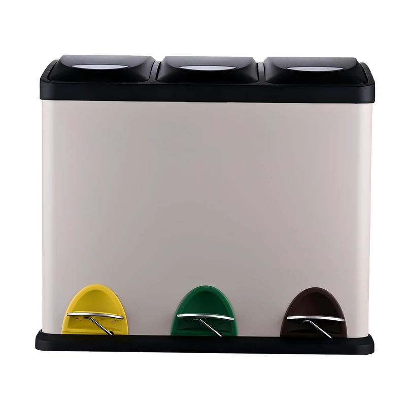 Relaxdays 3-Compartment Metal Waste Bin with Foot Pedal, Inner Buckets, Beige, 39.5x46x26.5 cm