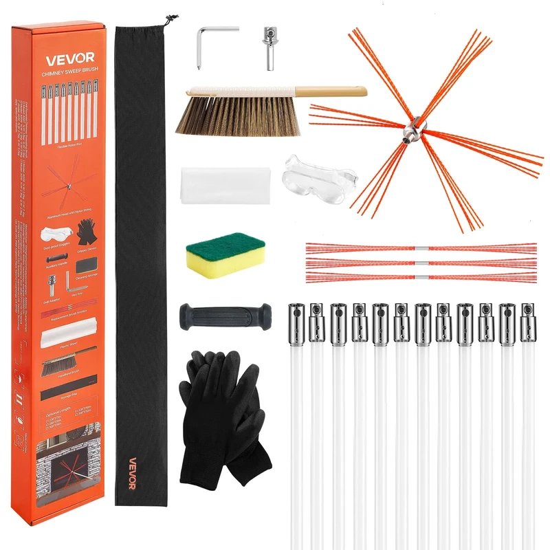 VEVOR Chimney Sweep Kit, 39 ft Maximum Extendable Length Chimney Sweep, Chimneys Cleaning Kit with Bristle Replacements & Goggles, 90° Bendable Fireplace Cleaning Tool, for Square, Rectangle Chimneys