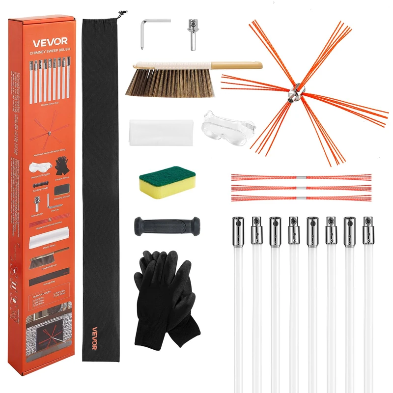 VEVOR Chimney Sweep Kit, 26 ft Maximum Extendable Length Chimney Brush, Chimneys Cleaning Kit with Bristle Replacements & Goggles, 90° Bendable Fireplace Cleaning Tool, for Square, Rectangle Chimneys