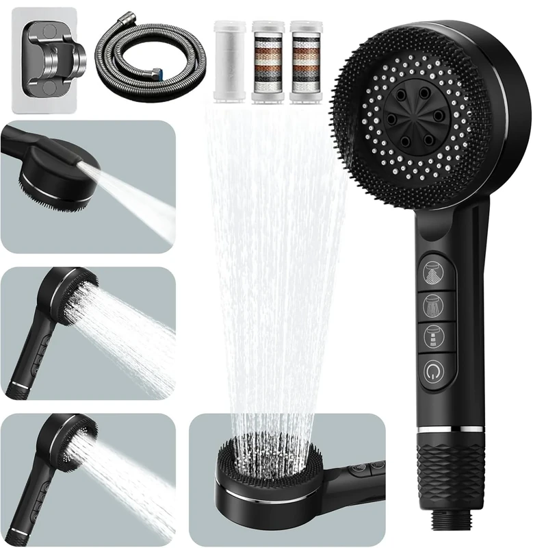 High Pressure Shower Heads, Hard Water Filter Shower Head with 1.5m Shower Hose and Shower Stand, 4 Mode, Black