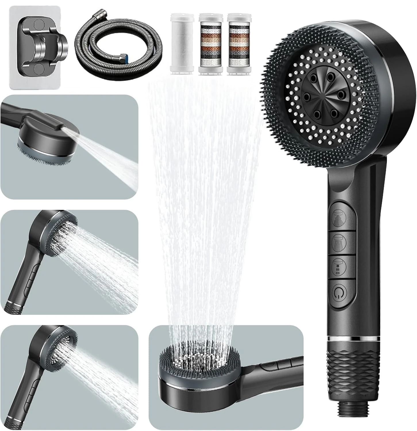 High Pressure Shower Heads, Hard Water Filter Shower Head with 1.5m Shower Hose and Shower Stand, 4 Mode Power Shower Head with Pause Switch, Shower Pro Head Showerhead with Water Filter, Grey