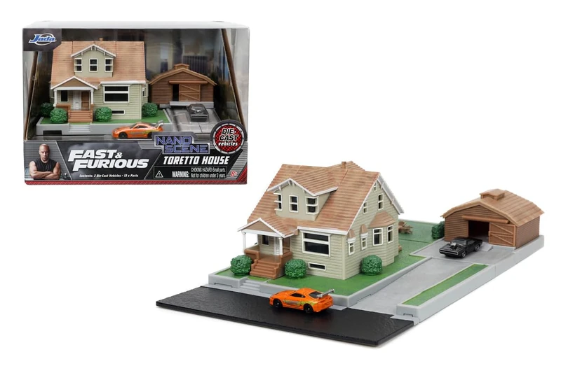 Jada Toys Fast & Furious Dom Toretto House with Garage and 2 Nano Vehicles, Diorama Scale 360° Includes Dodge Charger and Toyota Supra, Metal Model for Fans Ages 8 and Up (9333668314R00)