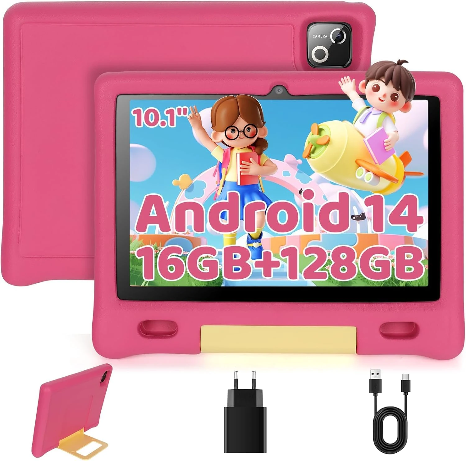 MUISOO 10 Inch Kids Tablet, Android 14 tablet for kids with Octa Core Processor, 16GB RAM 128GB ROM 1TB TF, 5000mAh Battery, WiFi, Bluetooth, Type-C, Kids Tablets with 8+5MP Dual Camera (Pink)