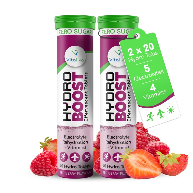 Hydro Boost Electrolyte Tablets + Vitamins | Rapid Rehydration & Recovery | Zero Sugar | New Strawberry & Raspberry Flavour | Vegan Friendly | Twin Pack Deal - 2 x 20 Hydro Tabs