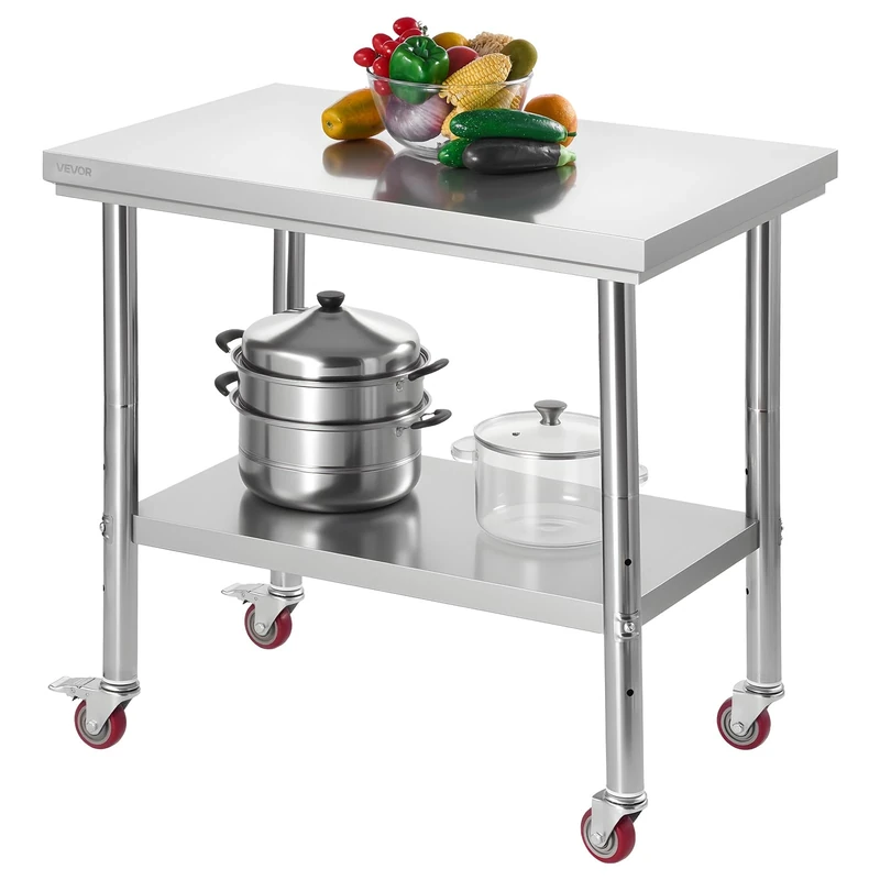 VEVOR Stainless Steel Table, 24 x 35.4 Inches Food Prep Worktable with Wheels, Kitchen Prep Table with Adjustable Undershelf Workstations for Commercial Kitchen, Restaurant, Hotel and Garage, Outdoor