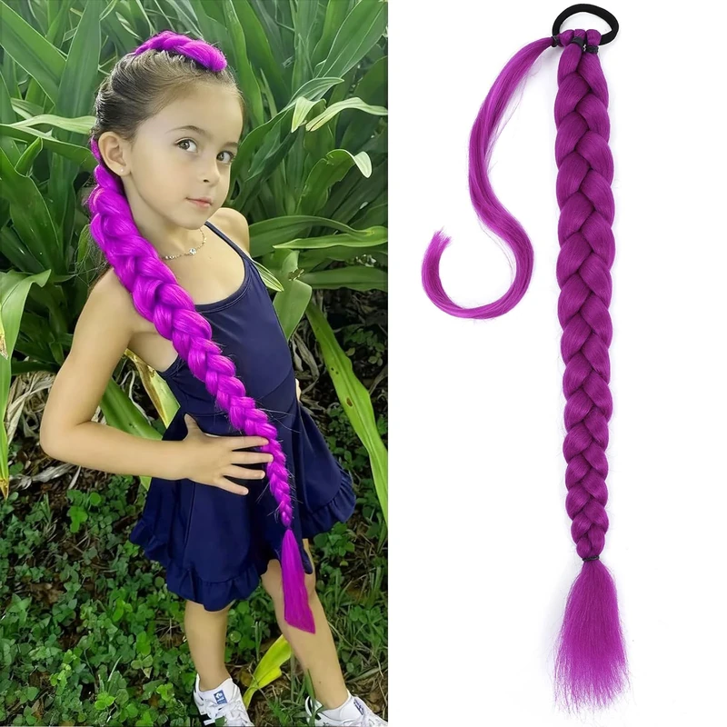 Purple Hair Extensions, Pre-Braids purple Braiding Hair for Cosplay Halloween Stage Performances 24 Inch Ponytail Extension with Elastic Tie (24 Inch (Pre-Braids))