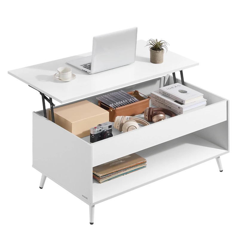 VASAGLE Lift Top Coffee Table, Lift Tabletop Dining Table, Gas Spring, Hidden Compartment, Open Storage Shelf, for Living Room, Home Office, Snow White and Matte White LCT267WE01