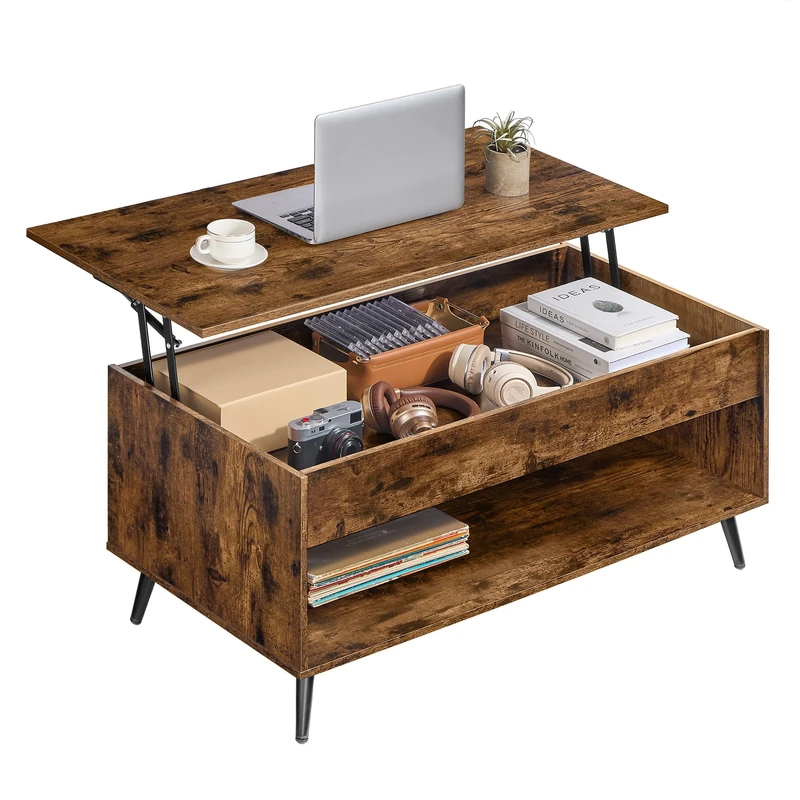 VASAGLE Lift Top Coffee Table, Lift Tabletop Dining Table, Gas Spring, Hidden Compartment, Open Storage Shelf, for Living Room, Home Office, Rustic Brown and Matte Black LCT267KD01