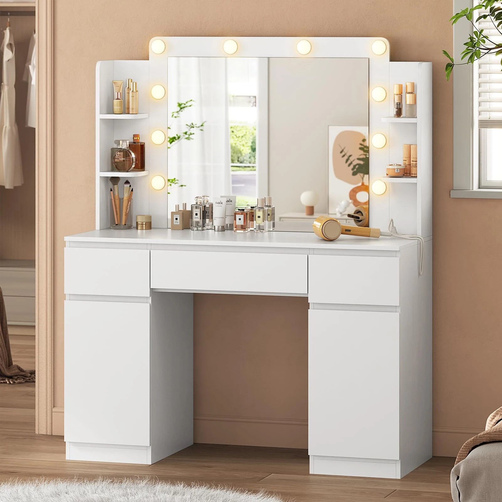 AOGLLATI Dressing Table with Mirror, 10 LED Light Globes Adjustable Brightness Vanity Desk with Power Outlets, 4 Shelves 3 Drawers and 2 Cabinets Modern Makeup Desk for Bedroom Dressing Room