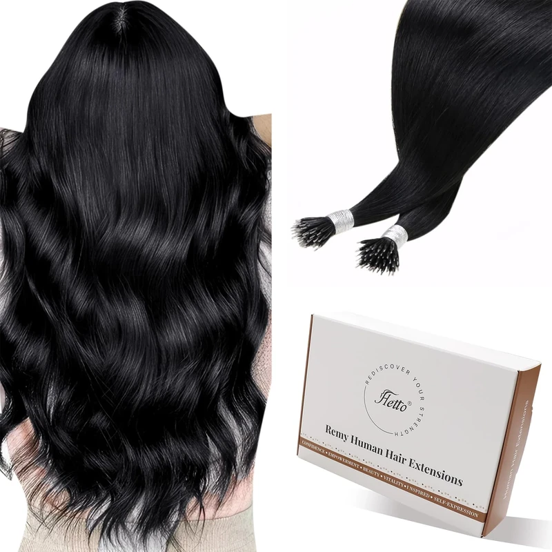 Hetto Nano Hair Extensions Real Human Hair 100g 100strands Black Nano Beads Hair Extensions Natural Black Invisible Nano Ring for Women Daily Wear 14 Inch #1