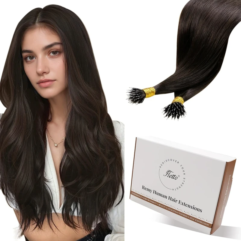 Hetto Nano Hair Extensions Real Human Hair 100g 100strands Brown Nano Beads Hair Extensions Dark Brown Invisible Nano Ring for Full Head Thickening 14 Inch #2