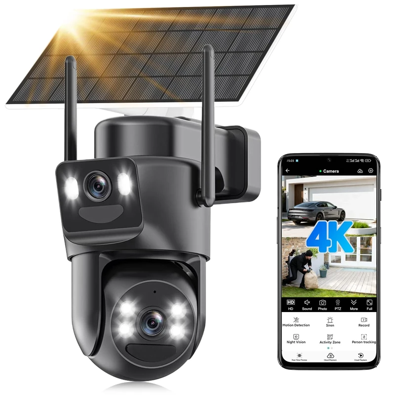 4K Solar Security Camera Outdoor Wireless, 5GHz/2.4GHz WiFi 360° PTZ Security Camera for Home with Human Detection, Auto Tracking, Siren, Dual Lens, Color Night Vision, IP66