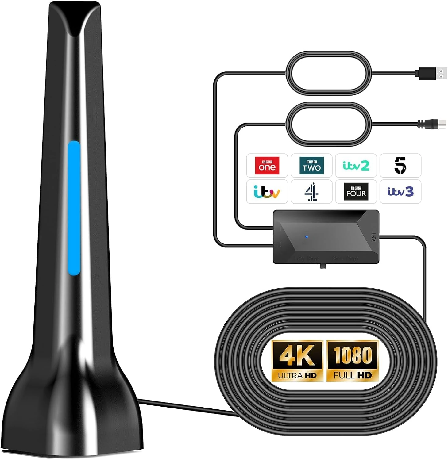 Digital Indoor Tv Aerial for Smart TV, Freeview TV Ariels Indoor with Amplifier & Magnetic Base, 4K Portable HDTV Antenna for Local Channels, Support All HDTVs, 360° Reception, 9.8FT Cable, 120 Miles