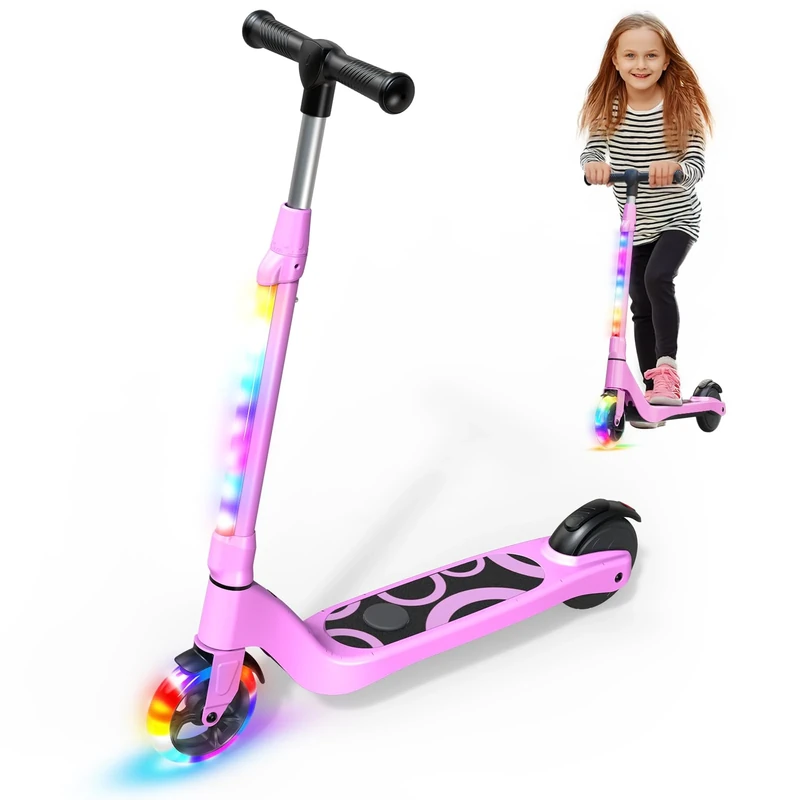 SISIGAD Kid Electric Scooter 6-8-10-12 Years 5.3 Inch with Colourful LED Light & 3 Adjustable Heights, Children's Electric Scooter Max Load 70 kg, Max Speed 10 km/h, PINK-5