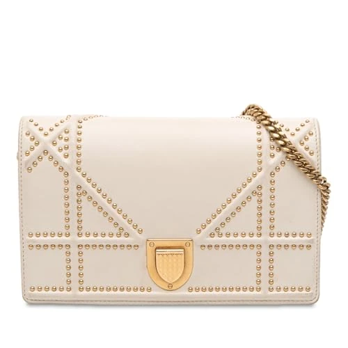 Pre-Loved Studded Lambskin Diorama Wallet on Chain Handbag