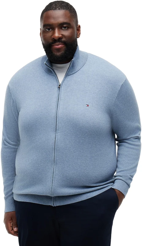 Tommy Hilfiger Men's Bt-Essential Cotton Zip Thru-B Mw0Mw39109 Zip Through Sweater, Blue (Brisk Blue Heather), 5XL_Plus