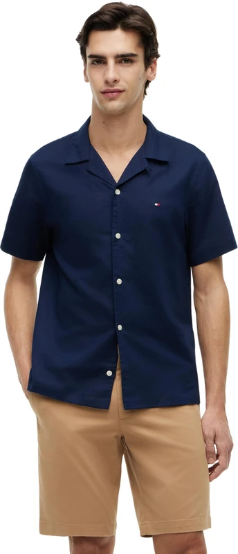 Tommy Hilfiger Men's Linen Blend Solid Ss Rf Sht MW0MW44266 S/S Shirt, Blue (Carbon Navy), L