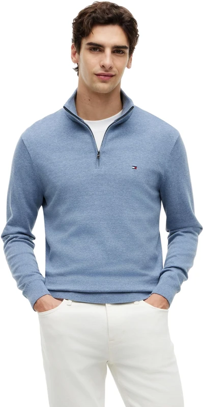 Tommy Hilfiger Men's Essential Cotton Zip Mock Mw0Mw37331 Half Zip Sweater, Blue (Brisk Blue Heather), S