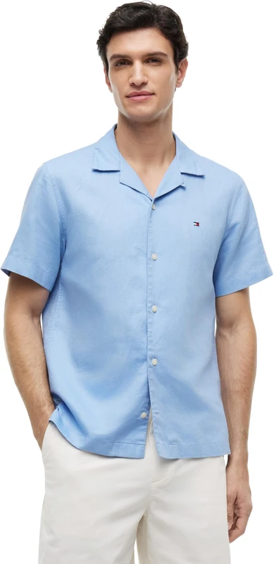 Tommy Hilfiger Men's Linen Blend Solid Ss Rf Sht MW0MW44266 S/S Shirt, Blue (Cloudy Blue), L
