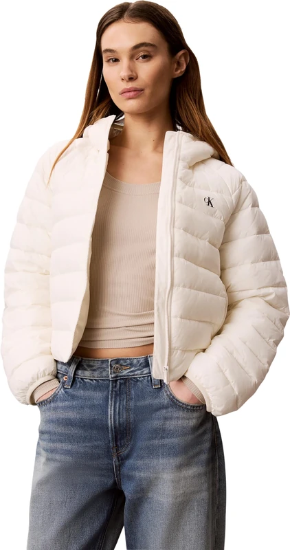 Calvin Klein Women's Quilted Jacket Short CK Packaway Puffer with Hood, Beige (Tofu), XL