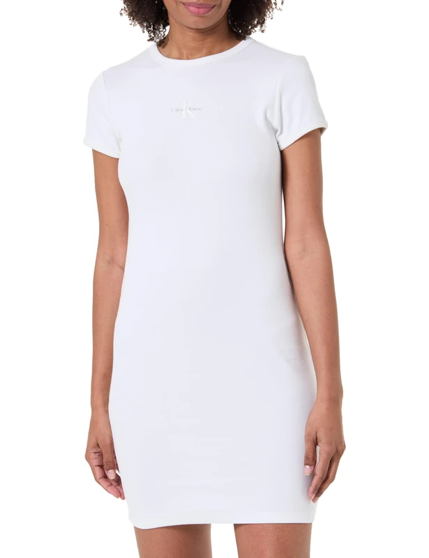 Calvin Klein Women's Ss Monologo Baby Rib Mini Dress LV047F241G Dresses, White (Bright White), XL