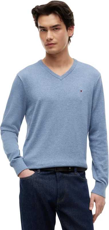 Tommy Hilfiger Men's Essential Cotton V Neck Mw0Mw14745 Pullover Sweater, Blue (Brisk Blue Heather), M