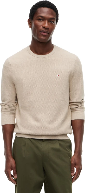 Tommy Hilfiger Men's Essential Structure Crew Neck Mw0Mw36347 Pullover Sweater, Beige (Batique Khaki Heather), L