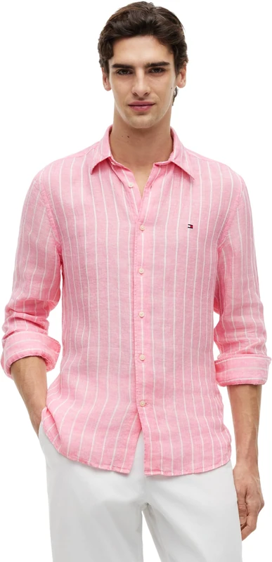 Tommy Hilfiger Men's Linen Textured STP Rf Shirt MW0MW43312 L/S Shirt, Pink (Doll Pink/Stripe), XXL