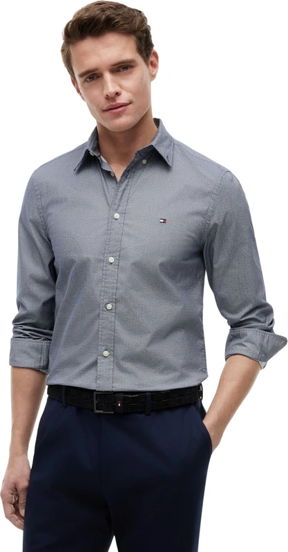 Tommy Hilfiger Men's Flex Poplin Small Print Shirt MW0MW43317 L/S Shirt, Blue (Carbon Navy/Allover), S