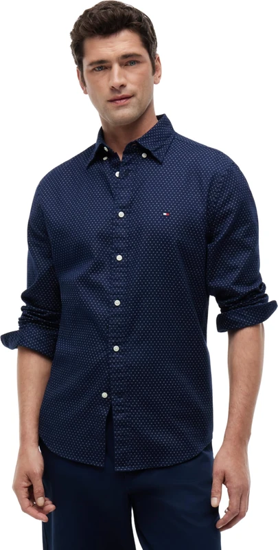 Tommy Hilfiger Men's Flex Poplin Mini Print Shirt MW0MW43318 L/S Shirt, Blue (Carbon Navy/Allover), L