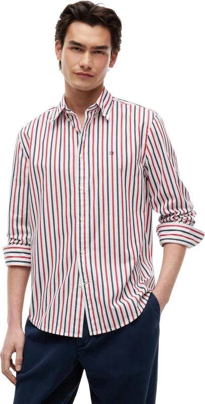 Tommy Hilfiger Men's Flex Poplin Seasonal Stripe Sht MW0MW43315 L/S Shirt, RED (Medium Red/Multistripe), M