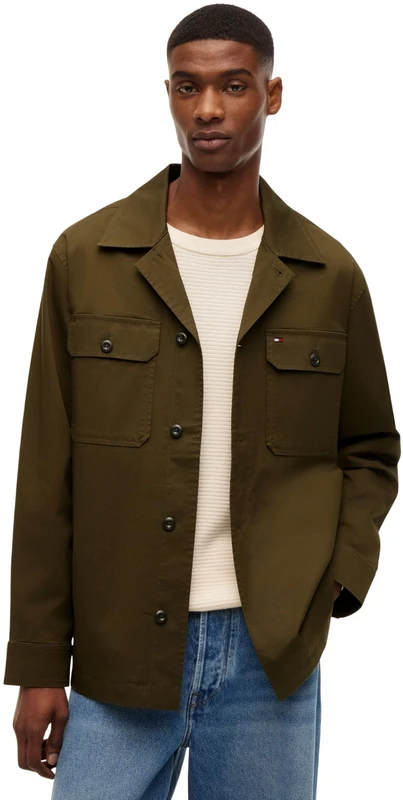 Tommy Hilfiger Men's Cotton Blend Shirt Jacket MW0MW43471 Overshirt Jacket, KHAKI (Platinum Olive), M