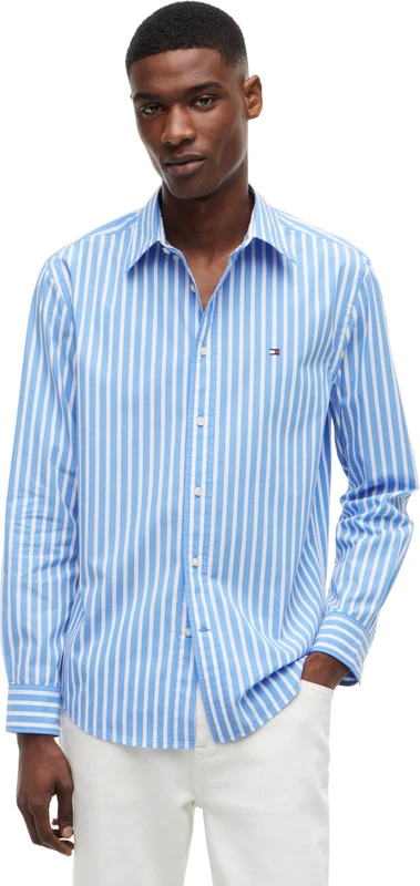 Tommy Hilfiger Men's Flex Poplin Seasonal Stripe Sht MW0MW43315 L/S Shirt, Blue (Blue Spell/Stripe), S