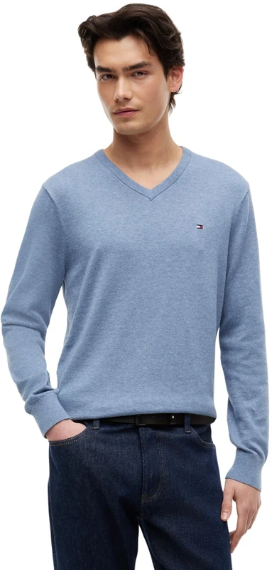 Tommy Hilfiger Men's Essential Cotton V Neck Mw0Mw14745 Pullover Sweater, Blue (Brisk Blue Heather), L