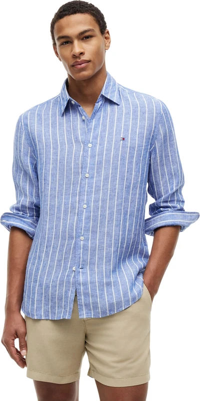 Tommy Hilfiger Men's Linen Textured STP Rf Shirt MW0MW43312 L/S Shirt, Blue (Regal Blue/Stripe), XXL