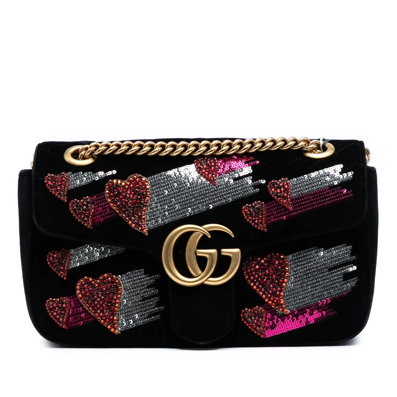 Pre-Loved Medium GG Marmont Matelasse Velvet Sequin Embellished Shoulder Bag