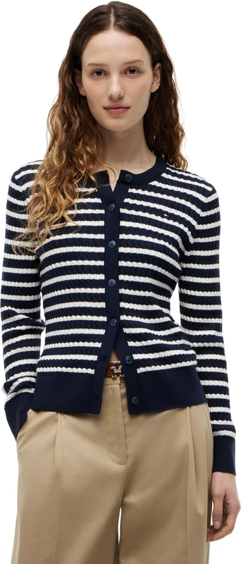 Tommy Hilfiger Women's Co Cable C-Nk Cardigan Ww0Ww43329 Cardigan Sweater, Blue (Dark N Navy/Ivory Petal Breton STP), M