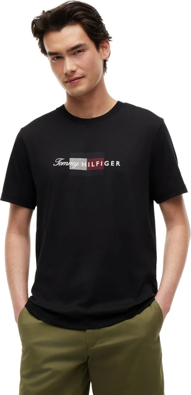Tommy Hilfiger Men's Script Flag Regular Tee MW0MW43226 S/S T-Shirt, Black (Black), S