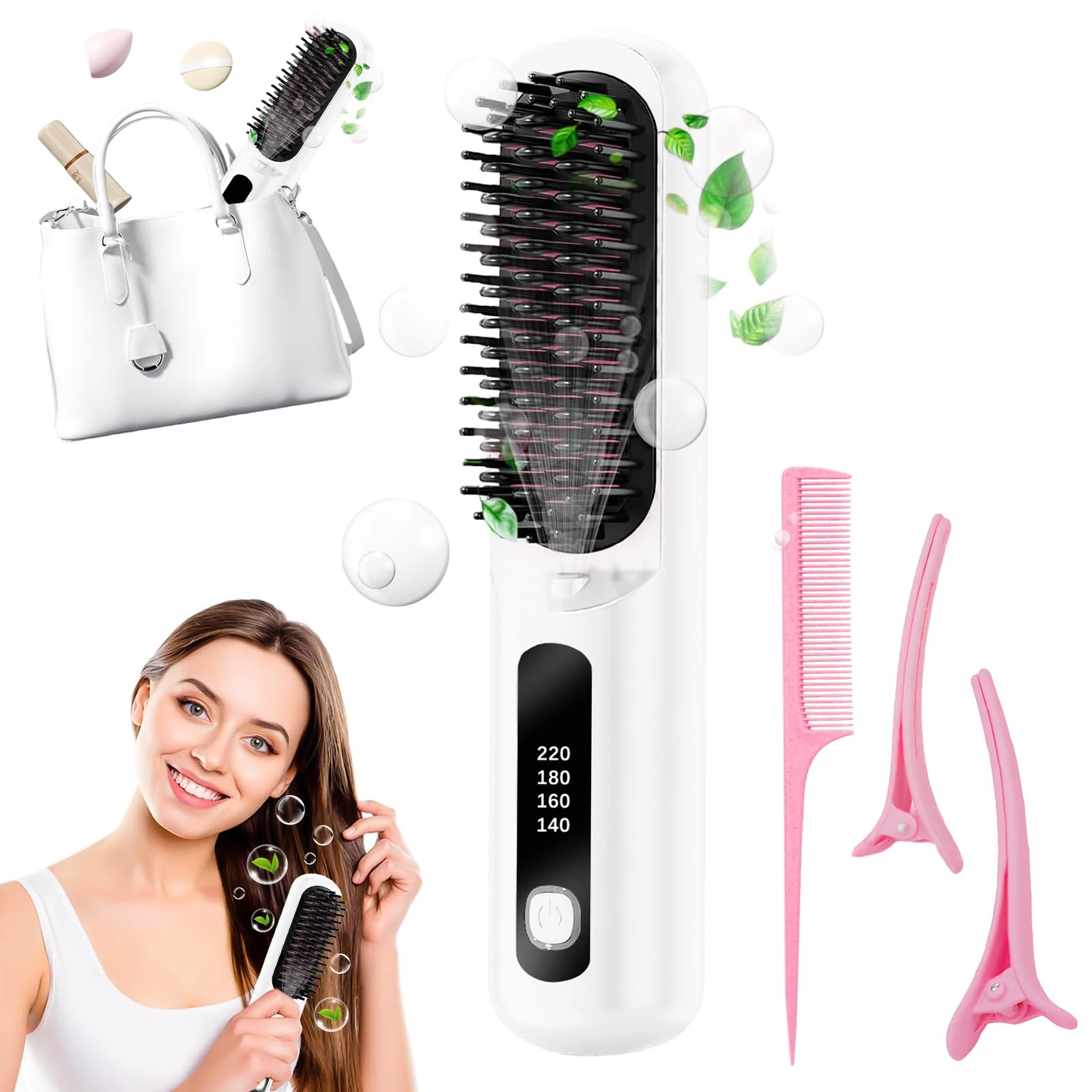 Numoya Go Brush Pro Cordless Portable Straightener, Hair Gobrush Pro Rechargeable Straightener Hot Comb Fast Heating for Travel and Everyday Use(White)