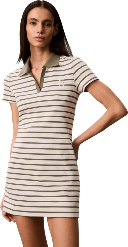 Calvin Klein Women's Monologo Baby Rib Polo Mini Dres LV047G851G Dresses, White (Tofu High Sea Stripe), S - Image 1