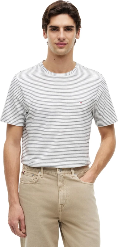 Tommy Hilfiger Men's Ess Seasonal Reg Fit Stripe Tee MW0MW40923 S/S T-Shirt, White (Ecru/Desert Sky Stripe), L