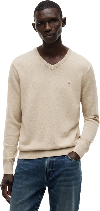 Tommy Hilfiger Men's Essential Cotton V Neck Mw0Mw14745 Pullover Sweater, Beige (Batique Khaki Heather), L