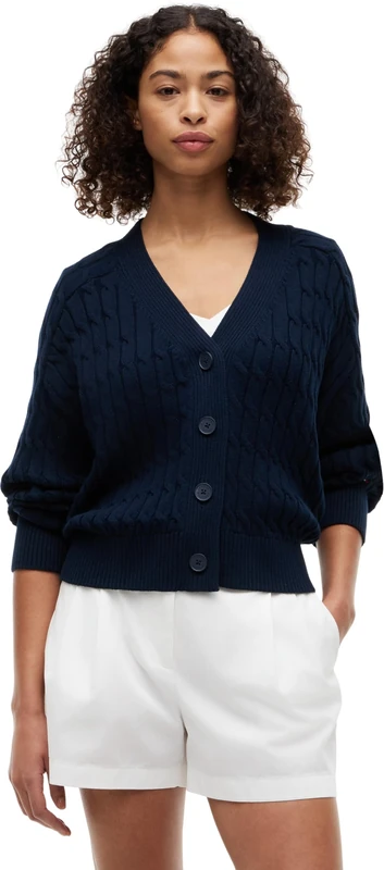 Tommy Hilfiger Women's Mid Gg Cable V-Nk Ls Cardi WW0WW50078 Other Sweaters, Blue (Dark Night Navy), XS