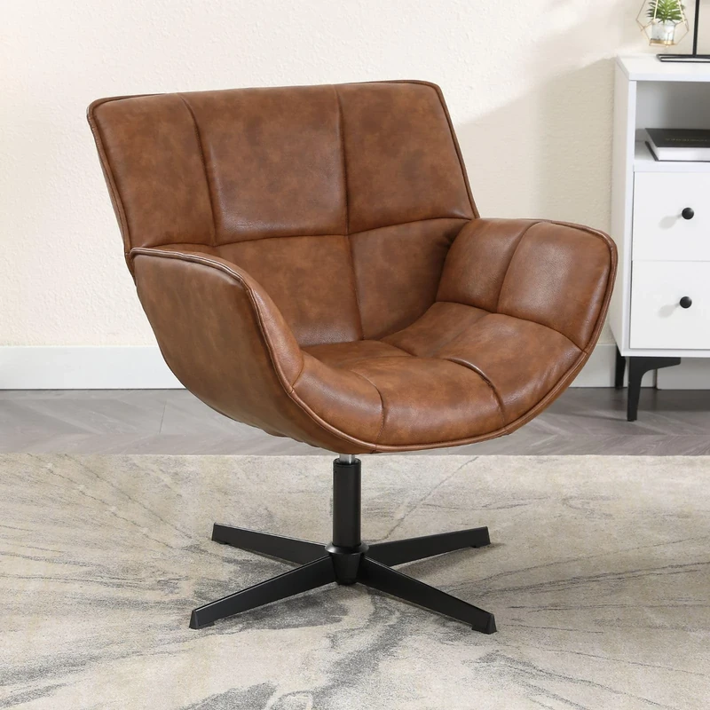 Ya-Home Swivel Accent Chair for Living Room Pu Leather Leisure Armchair with Swivel Legs，Upholstered Tub Chair for Bedroom/Lounge，Brown